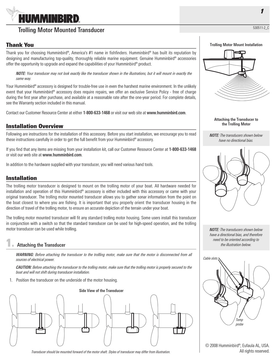 HUMMINBIRD TRANSDUCER ASSEMBLY & OPERATING INSTRUCTIONS Pdf Download