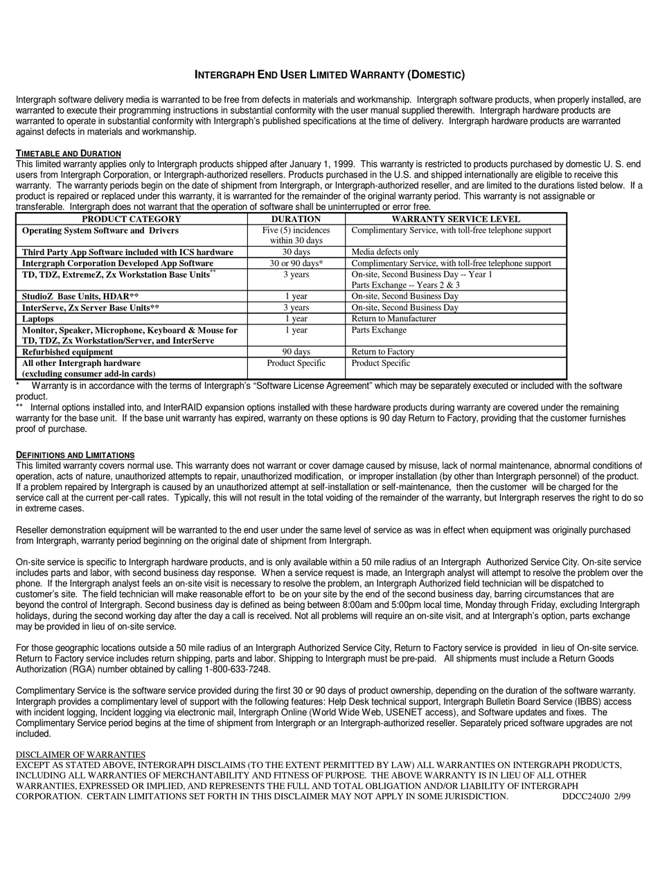 INTERGRAPH DOMESTIC WARRANTY INFORMATION BOOKLET Pdf Download | ManualsLib