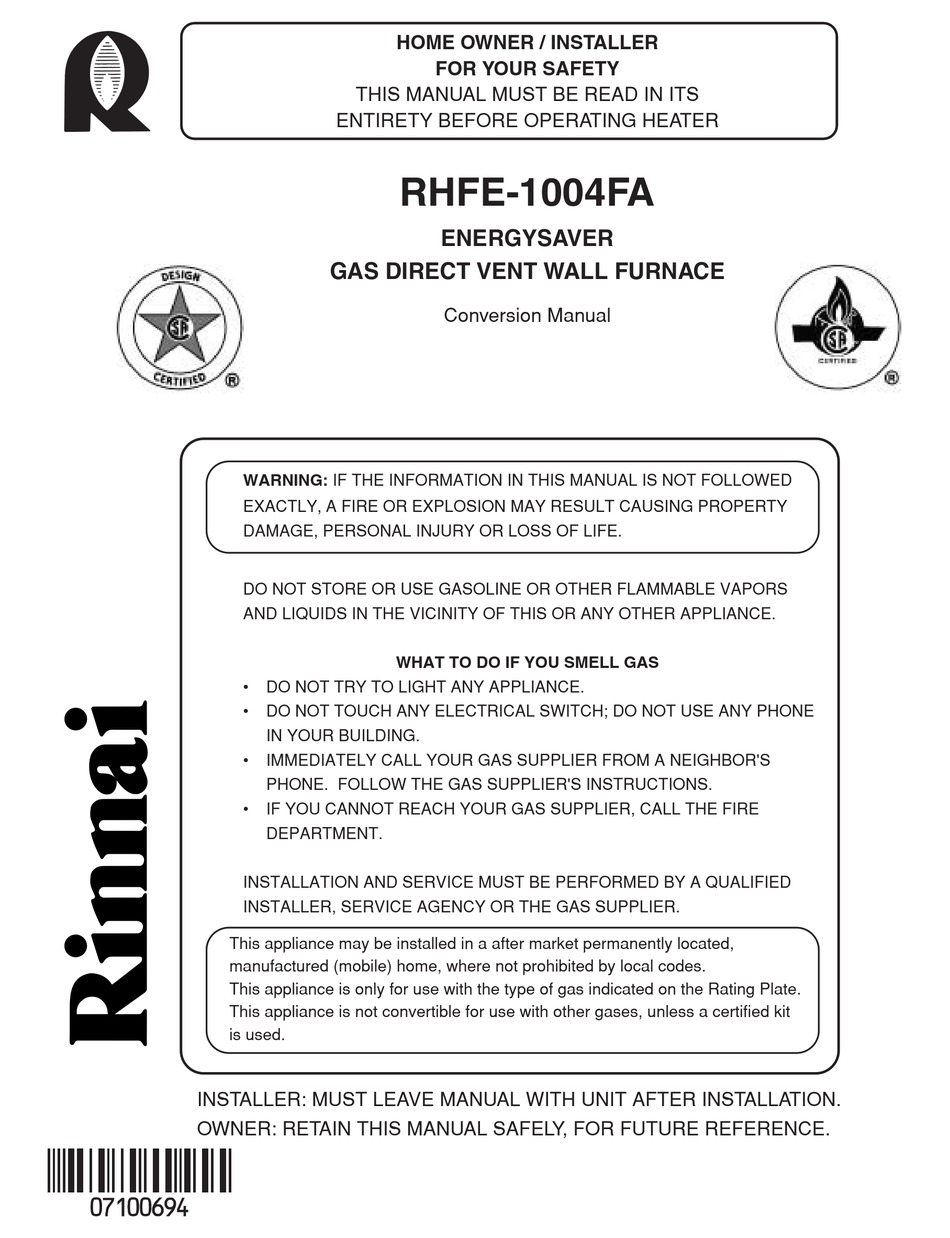 RINNAI RHFE-1004FA CONVERSION MANUAL Pdf Download | ManualsLib