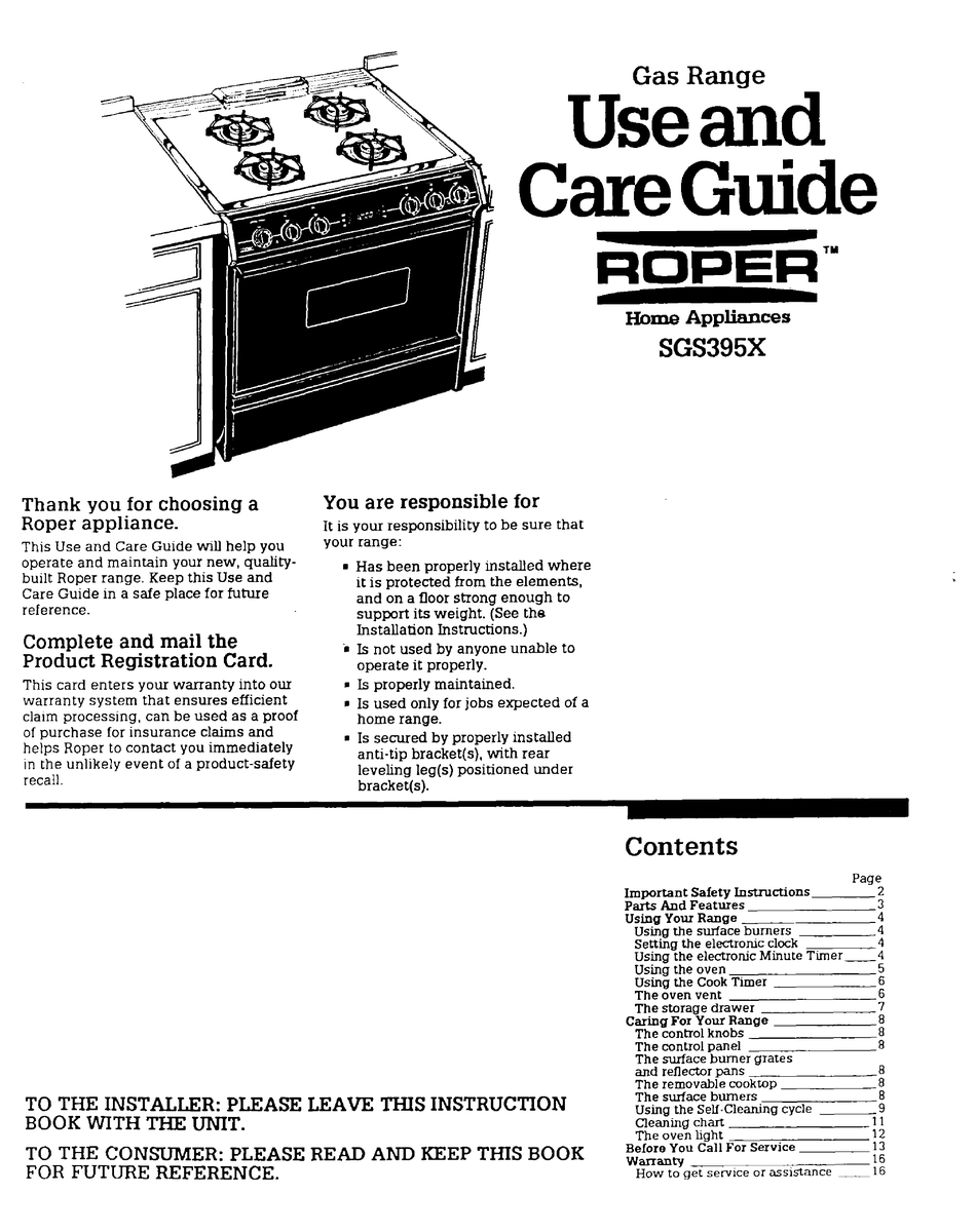 ROPER SGS395X USE AND CARE MANUAL Pdf Download ManualsLib