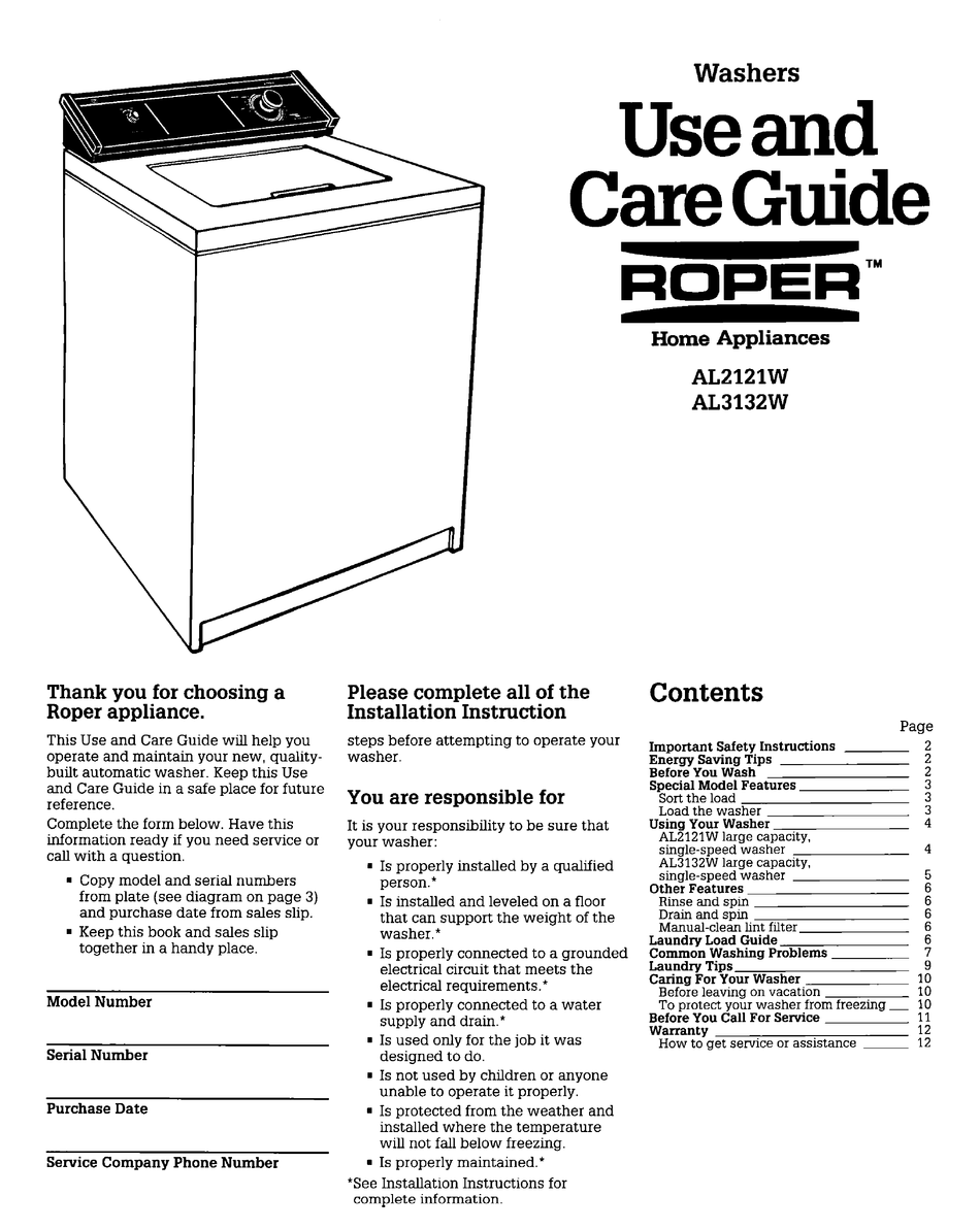 ROPER AL2121W USE AND CARE MANUAL Pdf Download ManualsLib
