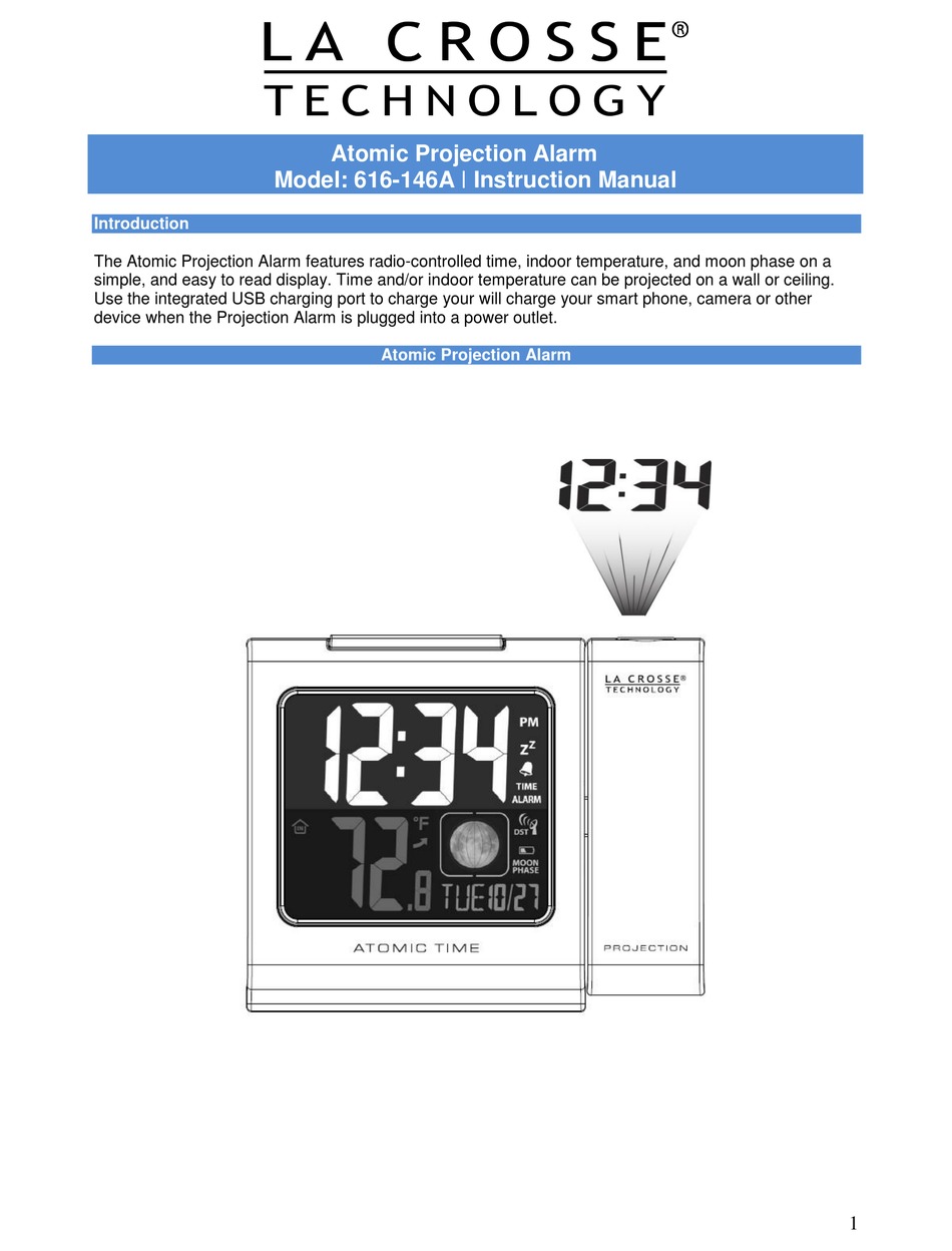 616-146A La Crosse Technology Atomic Projection Alarm Clock IN Temp USB Charging