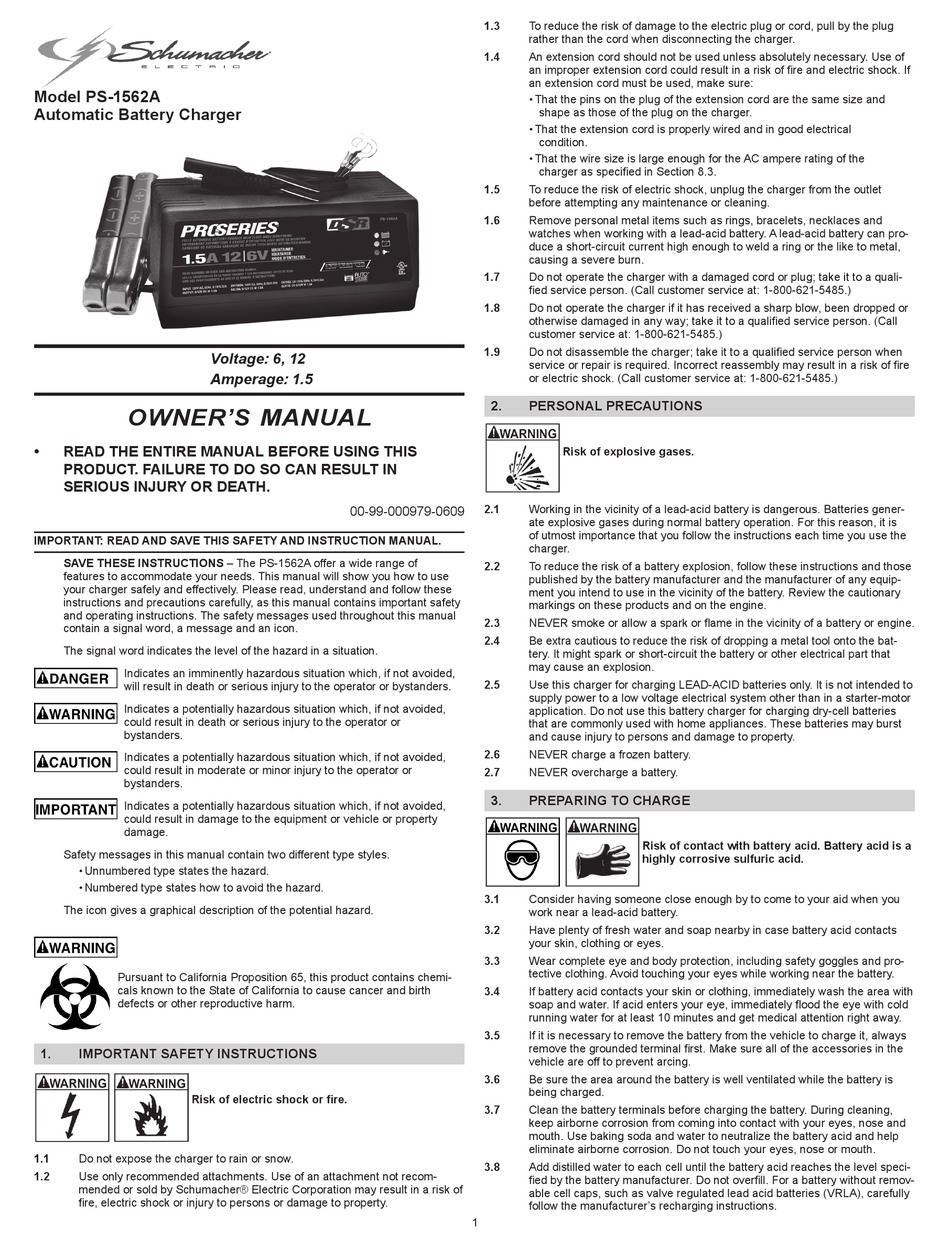 SCHUMACHER ELECTRIC PS-1562A OWNER'S MANUAL Pdf Download | ManualsLib