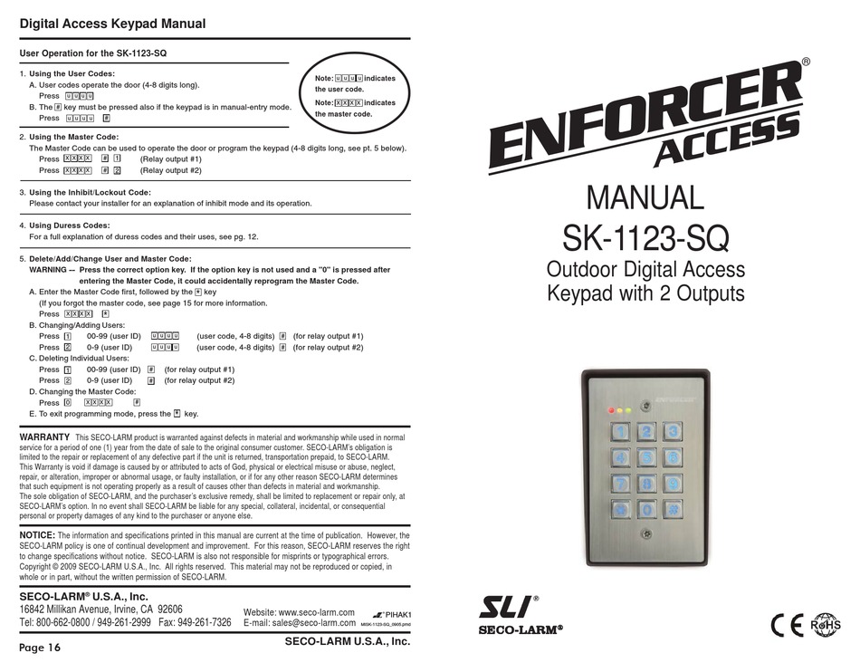 SECO-LARM SK-1123-SQ MANUAL Pdf Download | ManualsLib