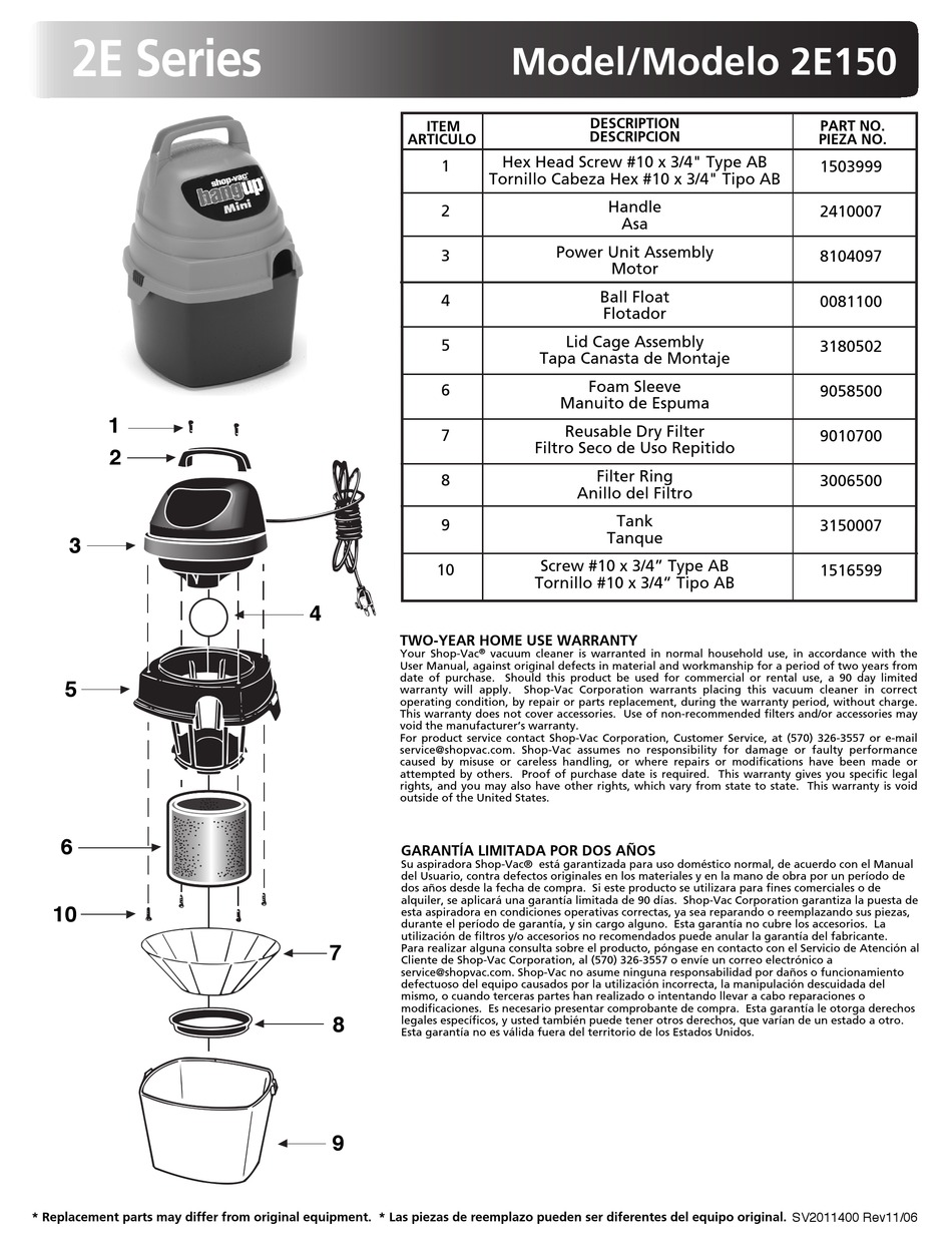 SHOPVAC 2E+150 SPECIFICATION Pdf Download ManualsLib