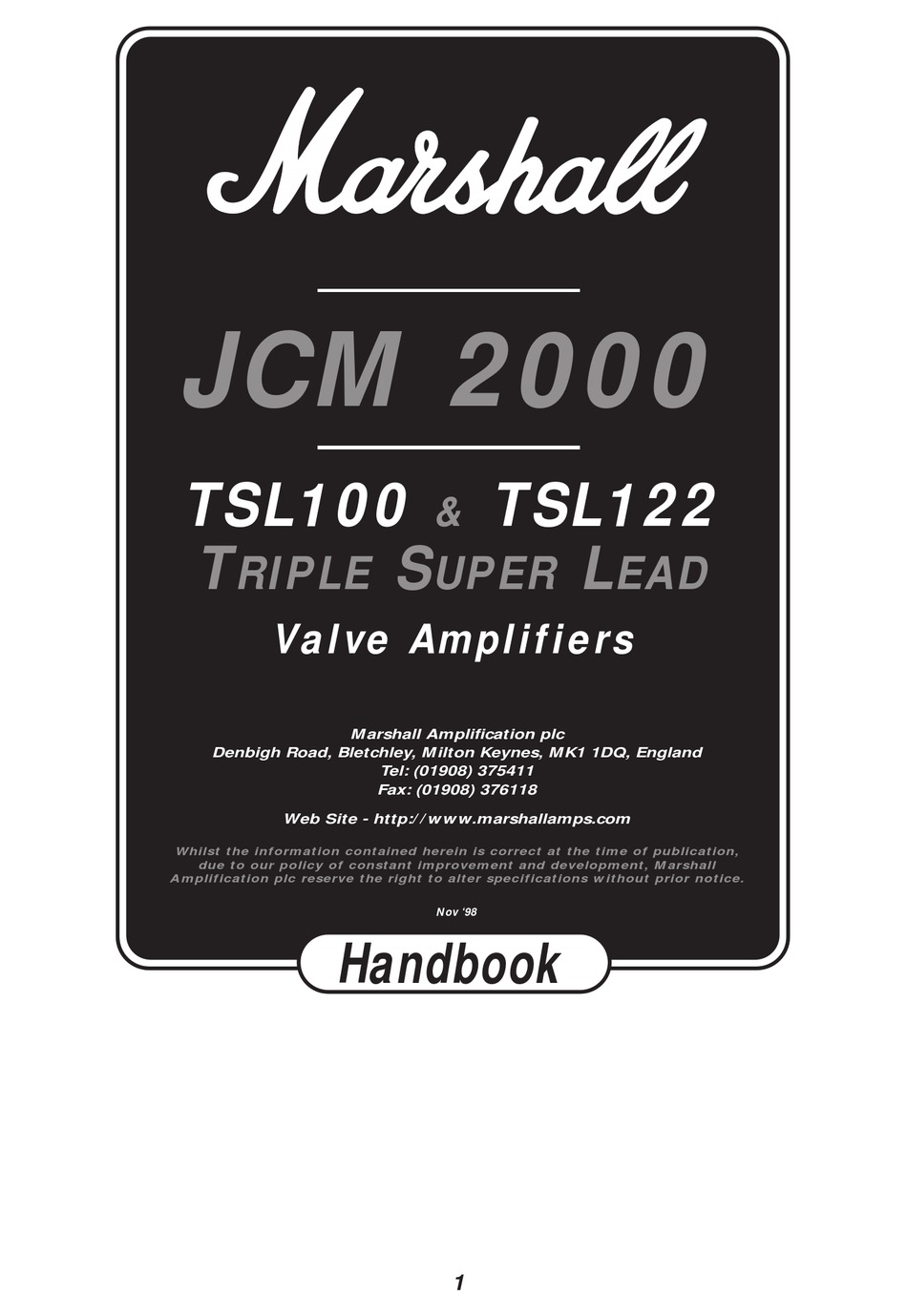 Marshall Amplification Jcm 2000 Tsl100 Handbook Pdf Download Manualslib