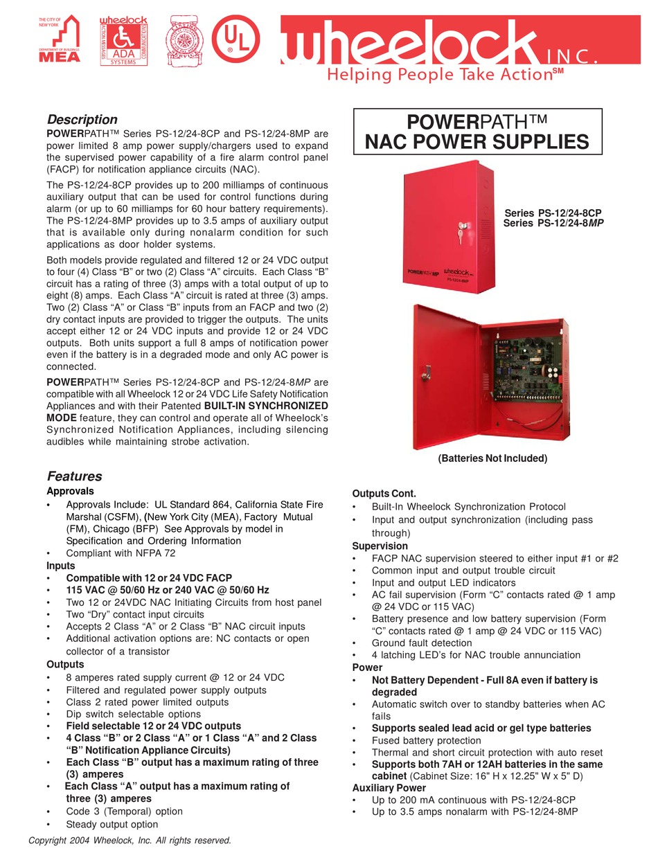 WHEELOCK POWERPATH SERIES PS12248CP SPECIFICATION Pdf Download