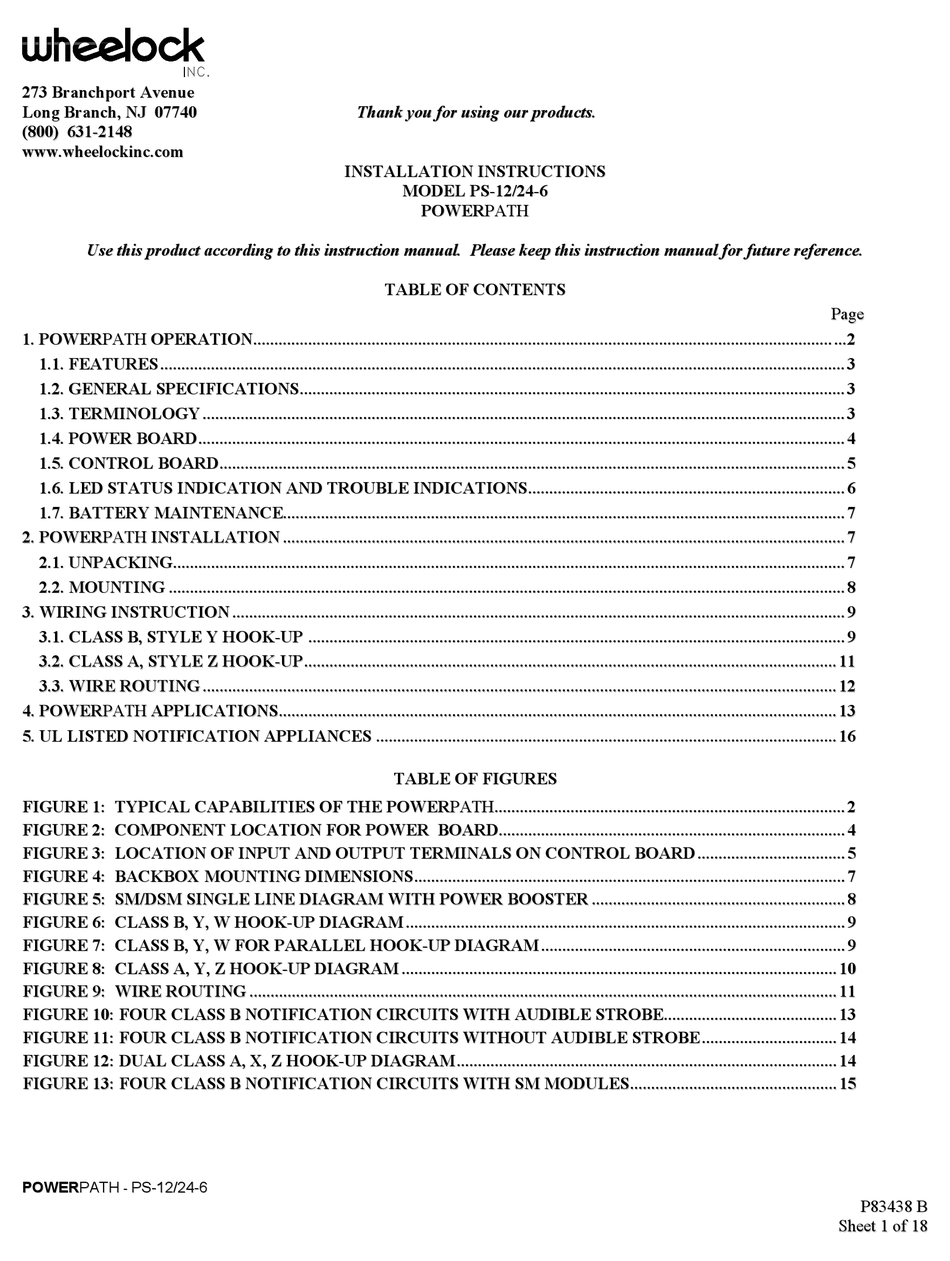 WHEELOCK POWERPATH PS12/246 INSTALLATION INSTRUCTIONS MANUAL Pdf