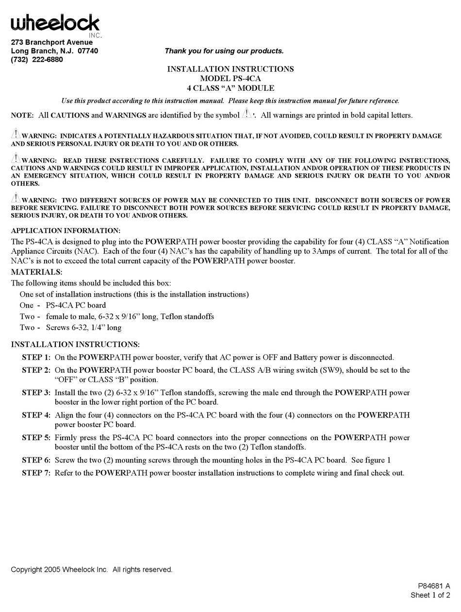 WHEELOCK POWERPATH PS4CA INSTALLATION INSTRUCTIONS Pdf Download