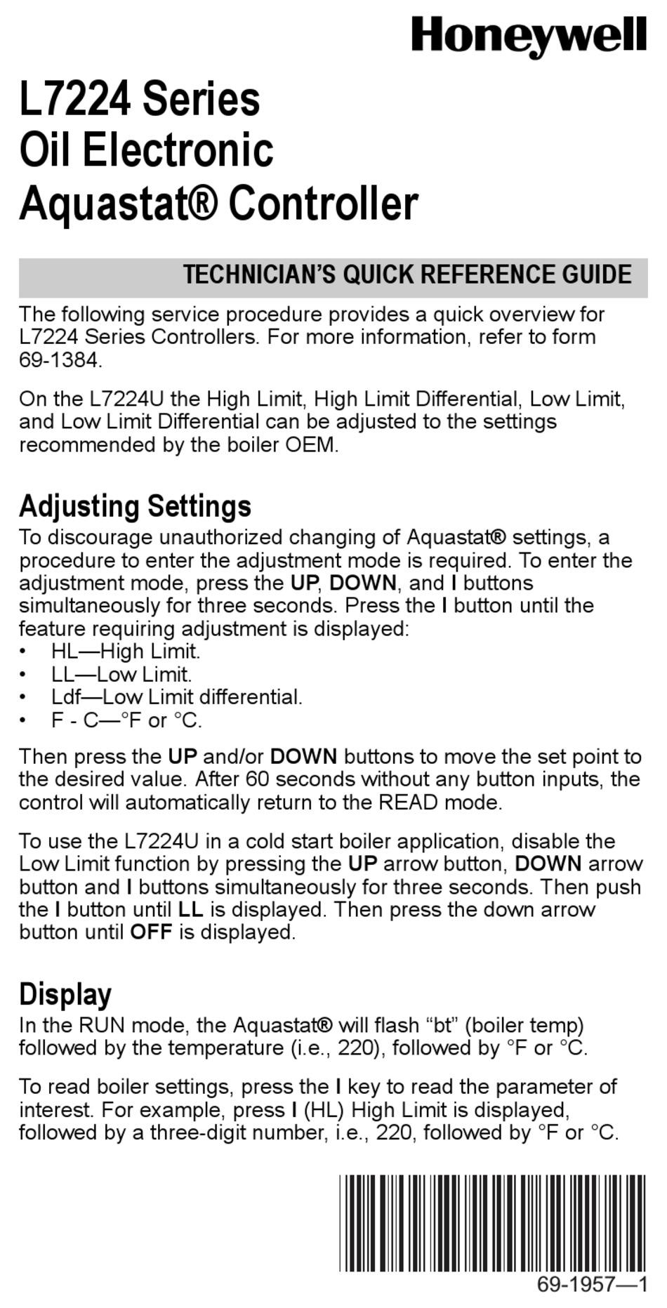 Honeywell Aquastatic L7224 Series Technicianis Quick Reference Manual Pdf Download Manualslib