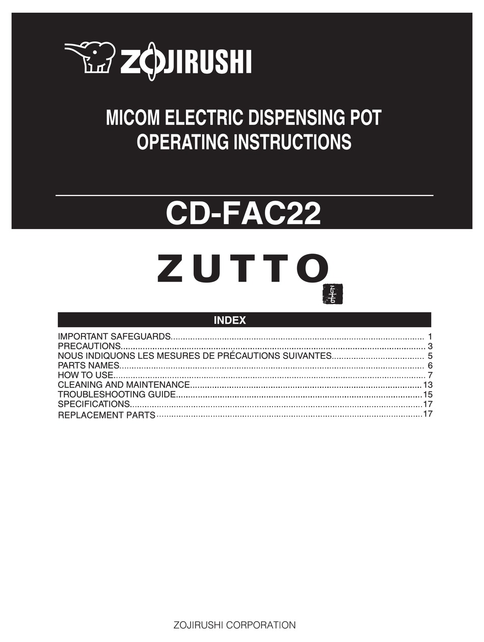 ZOJIRUSHI ZUTTO CDFAC22 OPERATING INSTRUCTIONS MANUAL Pdf Download ManualsLib