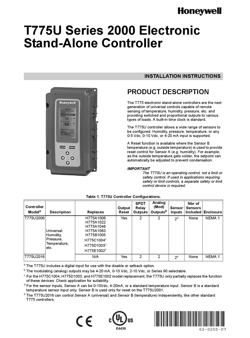 HONEYWELL T775U SERIES 2000 INSTALLATION INSTRUCTIONS MANUAL Pdf