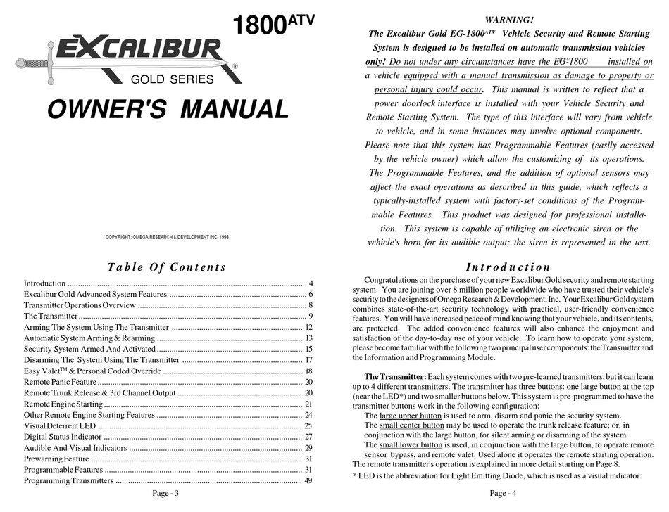 EXCALIBUR GOLD EG 1800ATV OWNER S MANUAL Pdf Download ManualsLib