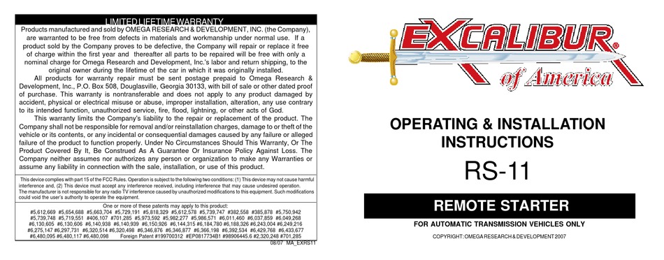 EXCALIBUR RS-11 OPERATING & INSTALLATION INSTRUCTIONS MANUAL Pdf ...