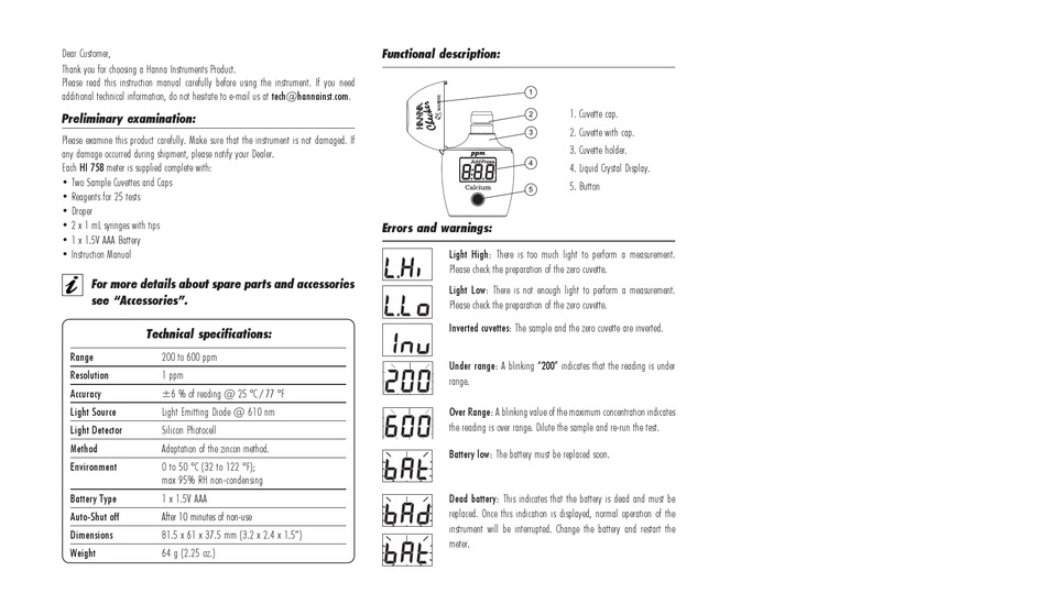 HANNA INSTRUMENTS HI 758 INSTRUCTION MANUAL Pdf Download | ManualsLib