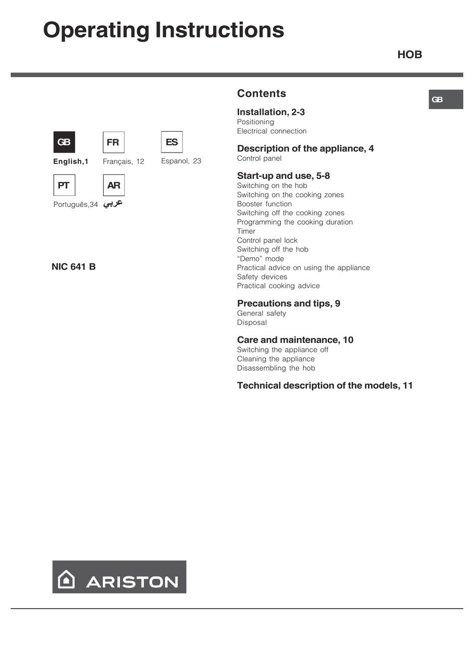 ARISTON NIC 641 B OPERATING INSTRUCTIONS MANUAL Pdf Download | ManualsLib