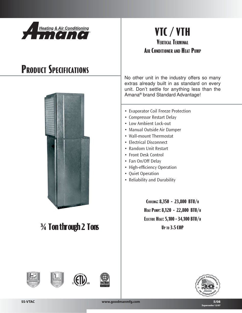 AMANA VTC PRODUCT SPECIFICATIONS Pdf Download | ManualsLib