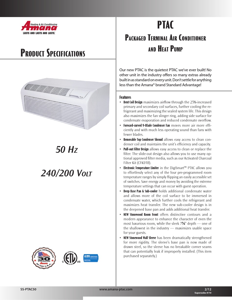 AMANA SS-PTAC50 PRODUCT SPECIFICATIONS Pdf Download | ManualsLib