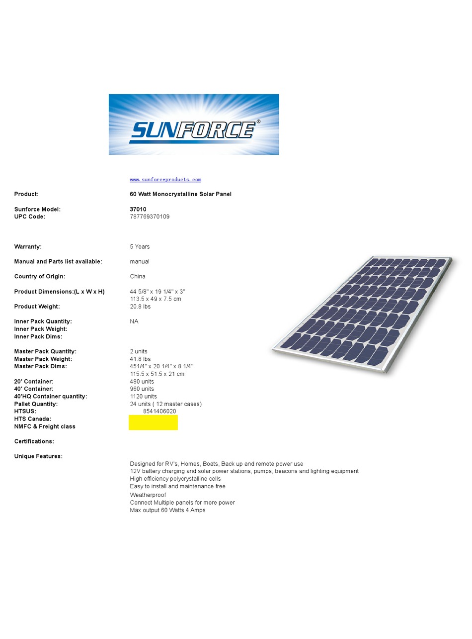 100 Watt, 12-Volt Crystalline Solar Panel - Sunforce Products