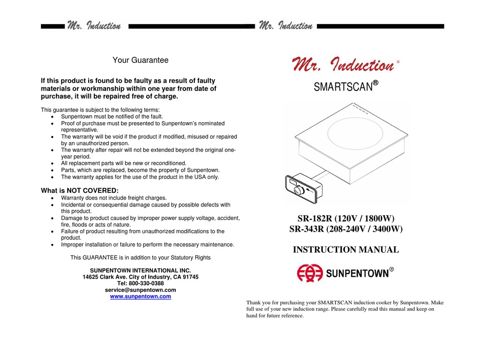 SUNPENTOWN MR. INDUCTION SMARTSCAN SR-182R INSTRUCTION MANUAL Pdf