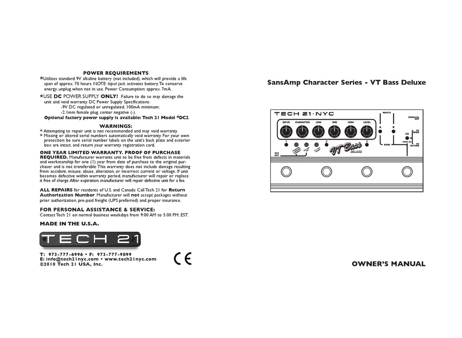 Tech 21 Sansamp Character Vt Bass Deluxe Owner S Manual Pdf Download Manualslib