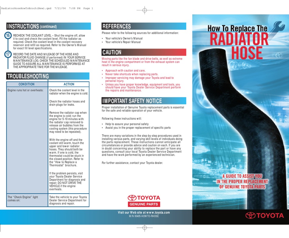 TOYOTA RADIATOR HOSE REPLACEMENT MANUAL Pdf Download ManualsLib