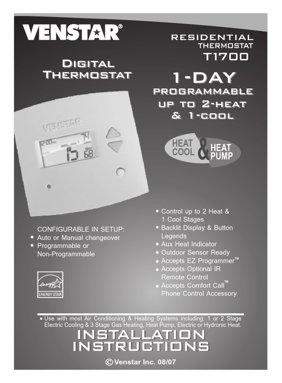VENSTAR T1700 INSTALLATION INSTRUCTIONS MANUAL Pdf Download ManualsLib