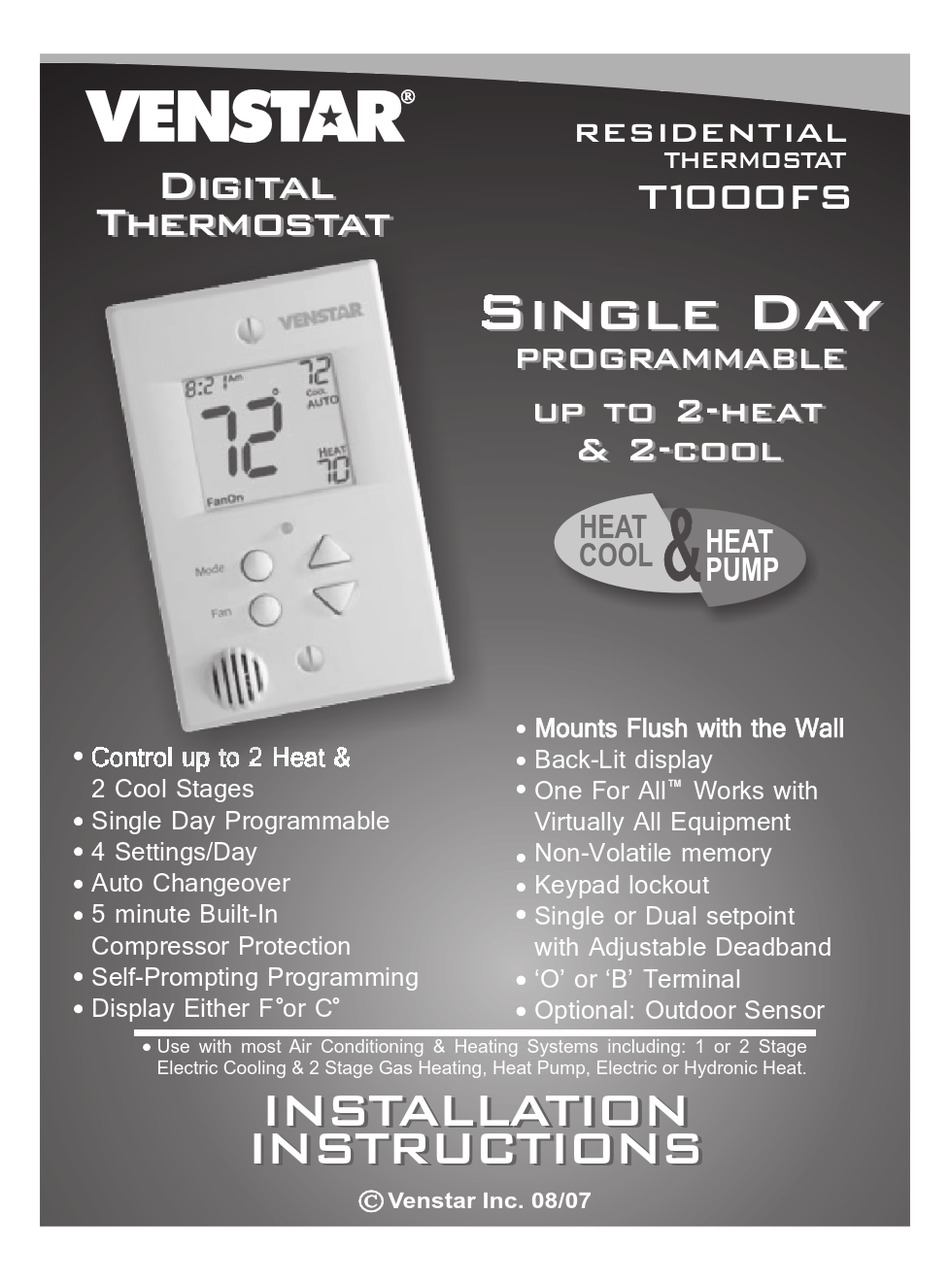 VENSTAR T1000FS INSTALLATION INSTRUCTIONS MANUAL Pdf Download | ManualsLib