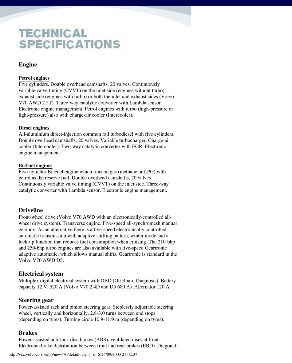 Volvo V70 Technical Specifications Pdf Download | Manualslib