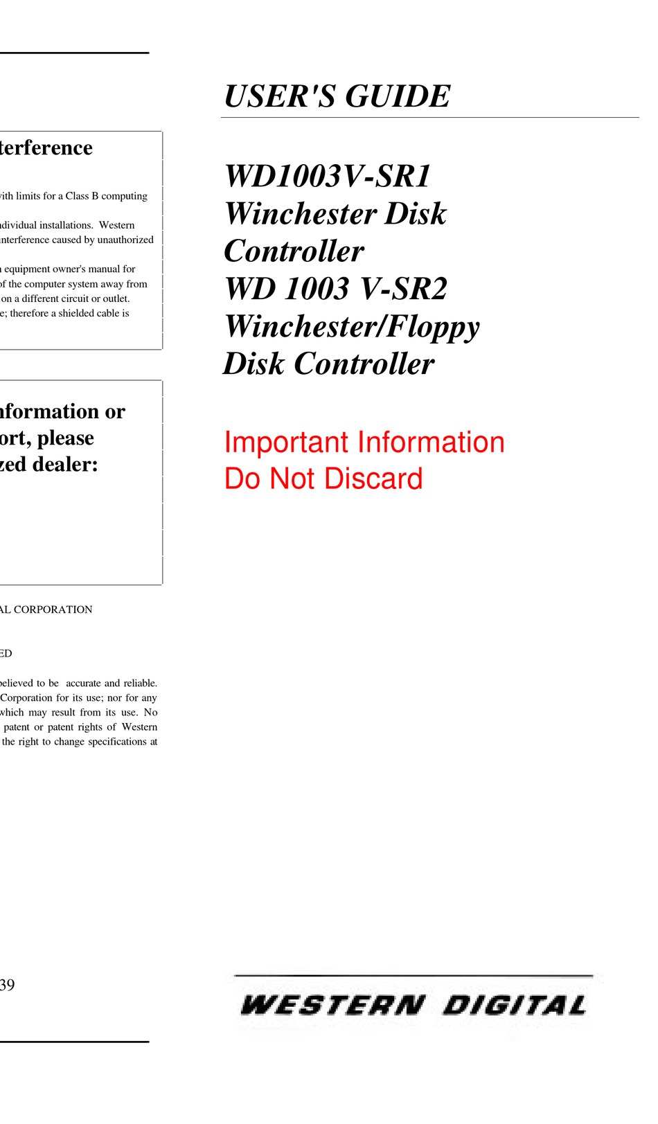 WESTERN DIGITAL WD1003V-SR1 USER MANUAL Pdf Download | ManualsLib