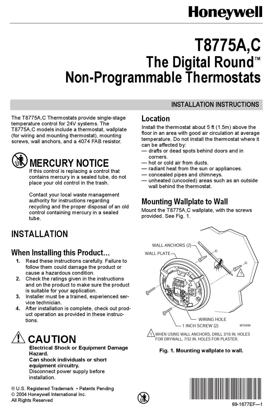 HONEYWELL ROUND T8775A INSTALLATION INSTRUCTIONS MANUAL Pdf Download
