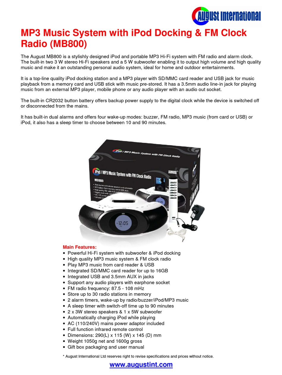 August Mb800 Specification Pdf Download Manualslib August Mb800 Specification Pdf Download Manualslib