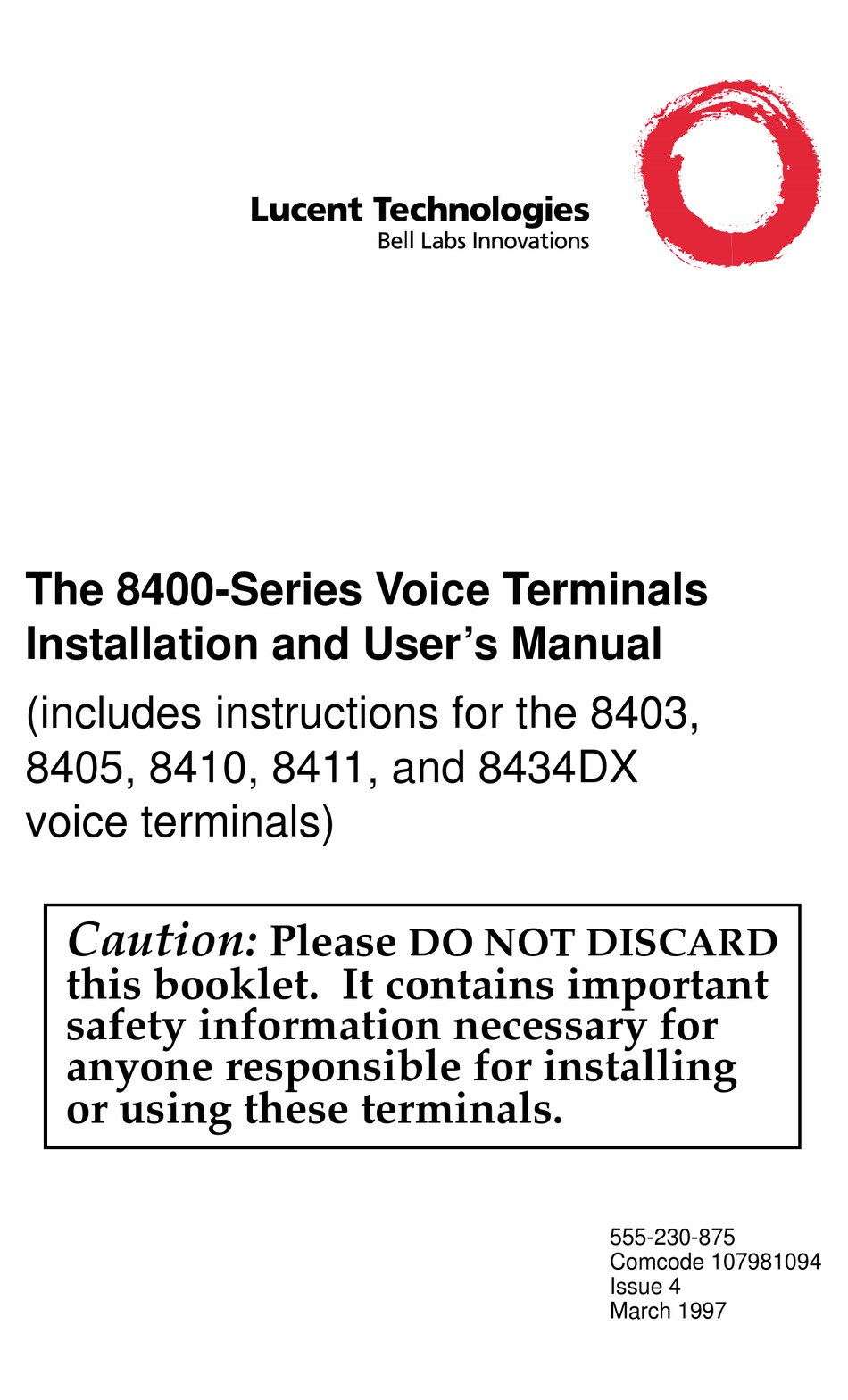 LUCENT TECHNOLOGIES 8400 SERIES INSTALLATION AND USER MANUAL Pdf