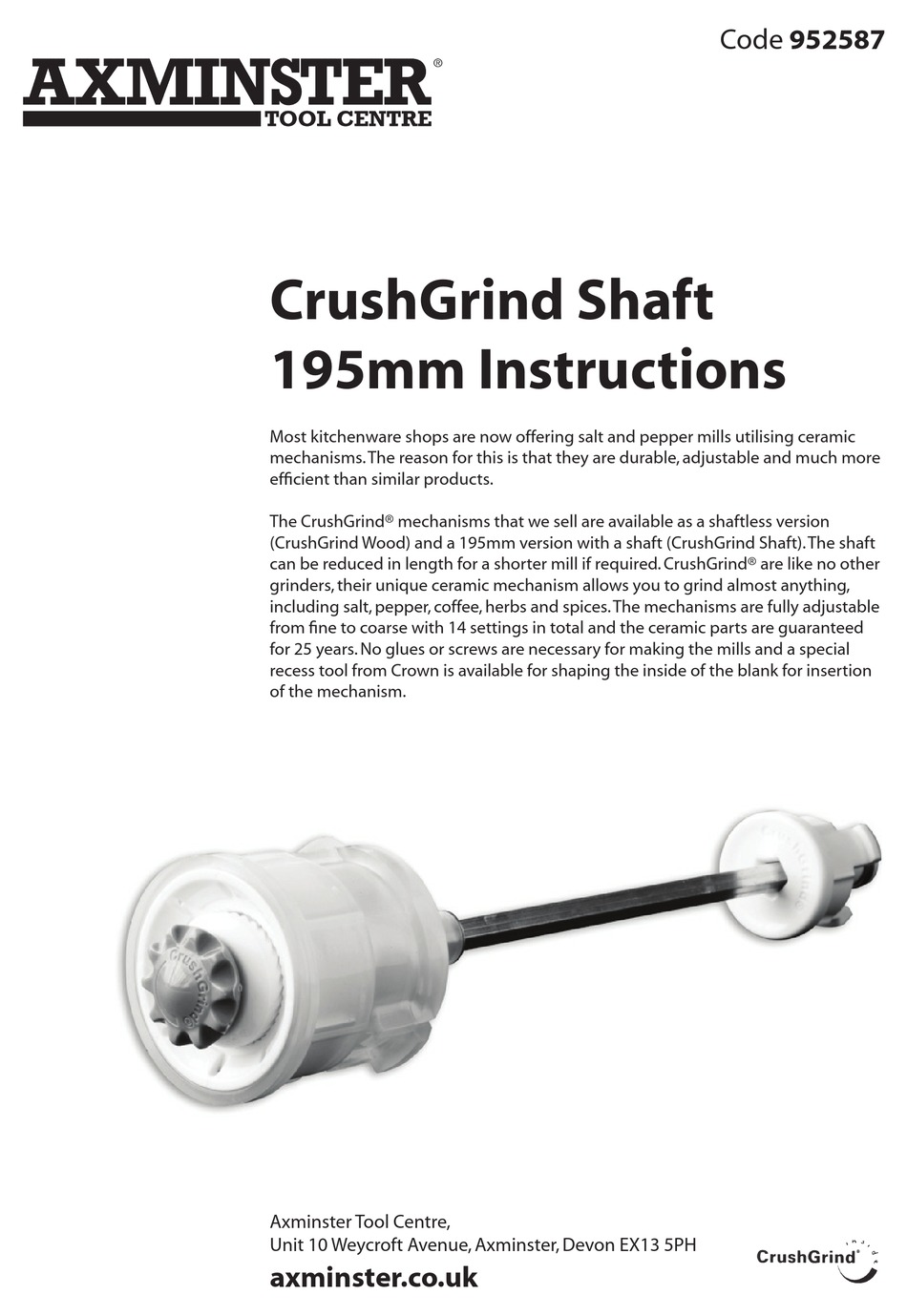 Axminster Crushgrind Shaft 195mm Instructions Pdf Download Manualslib