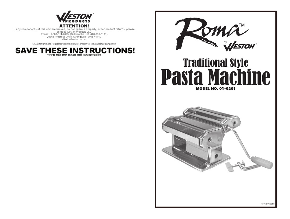 Hamilton Beach 01-0201 Weston Roma Traditional Style Manual Pasta Machine