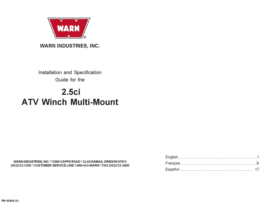 WARN INDUSTRIES ATV WINCH MULTIMOUNT 2.5CI INSTALLATION AND