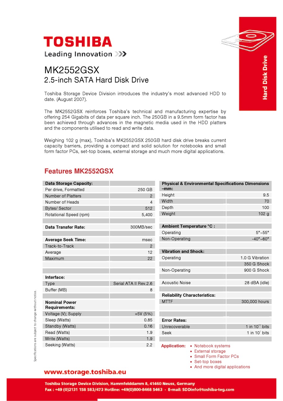 TOSHIBA MK2552GSX FEATURES AND SPECIFICATIONS Pdf Download | ManualsLib