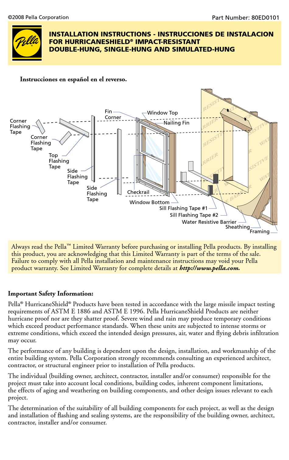 PELLA HURRICANESHIELD 80ED0101 INSTALLATION INSTRUCTIONS MANUAL Pdf