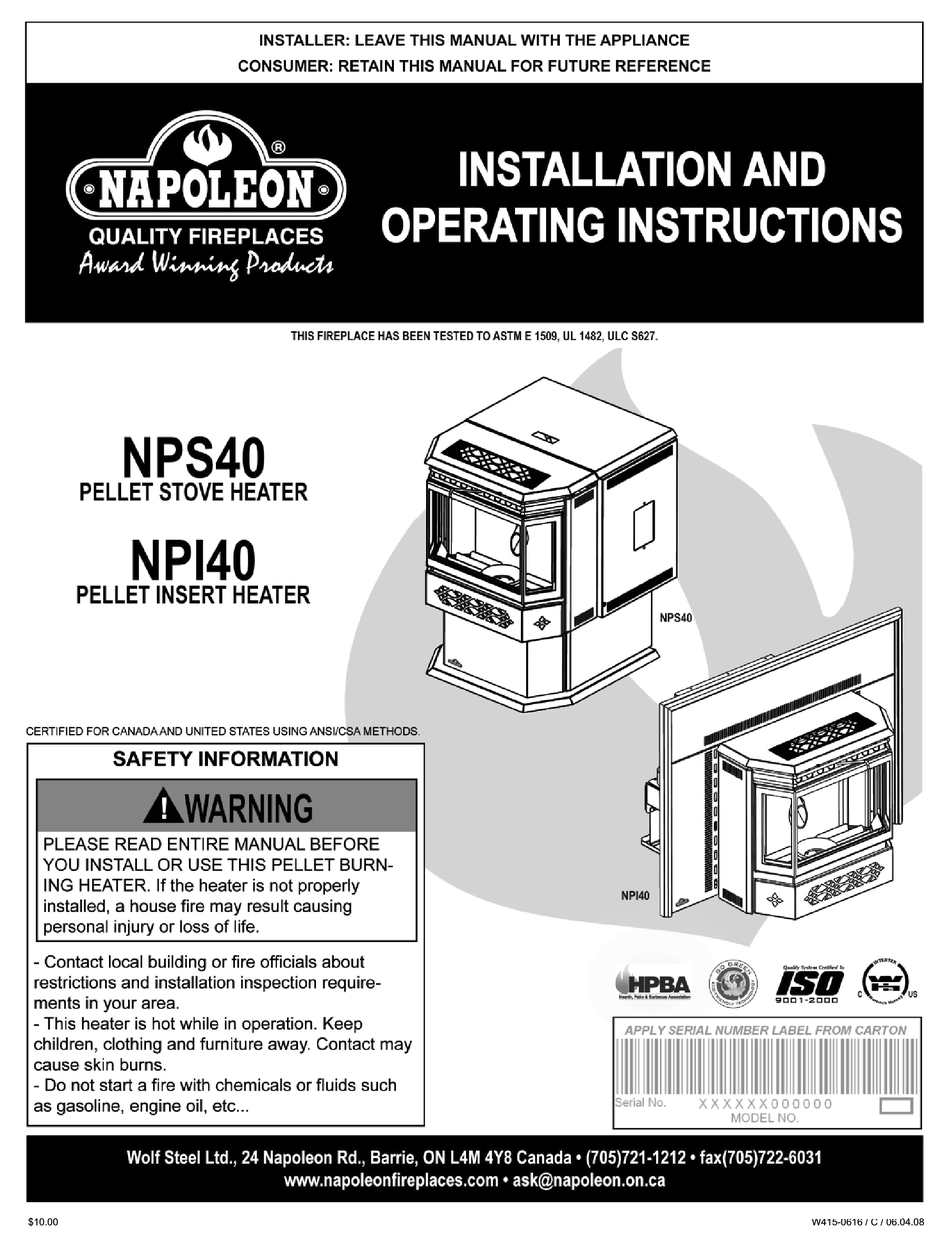 NAPOLEON NPS40 INSTALLATION AND OPERATING INSTRUCTIONS MANUAL Pdf
