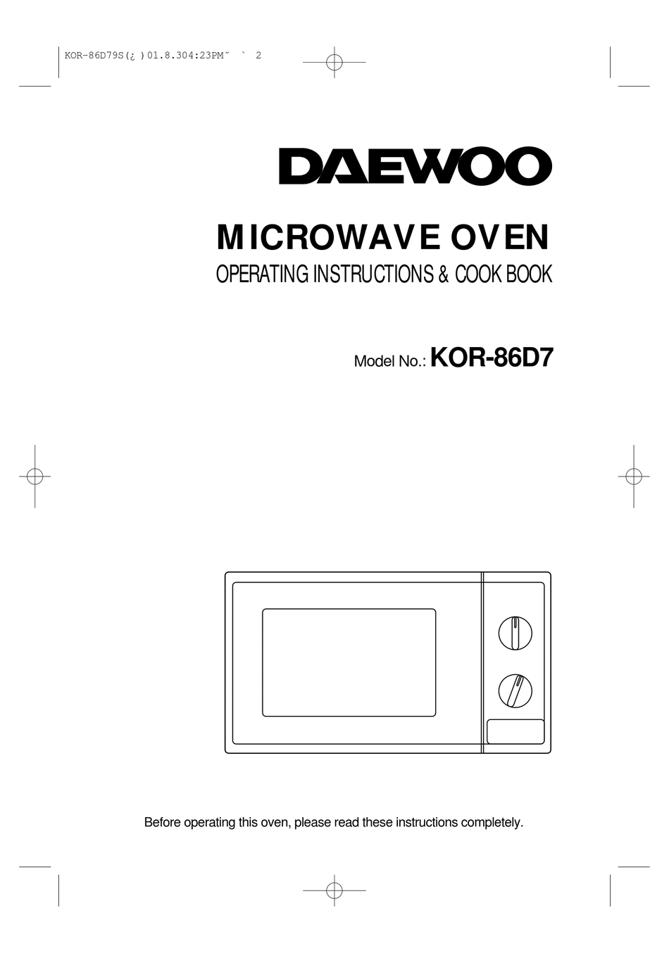 DAEWOO KOR-86D79S OPERATING INSTRUCTIONS & COOK BOOK Pdf Download