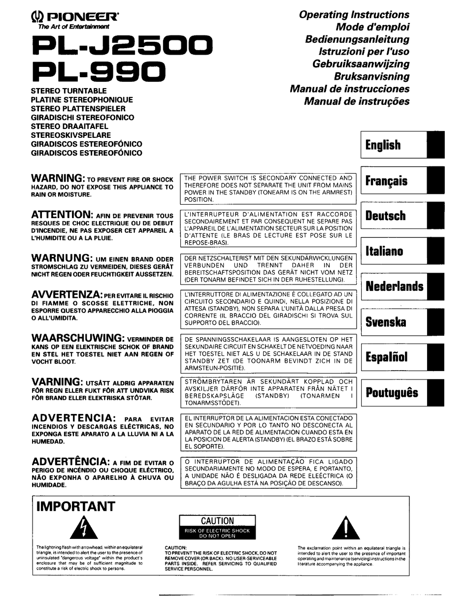 PIONEER PL-J2500 OPERATING INSTRUCTIONS MANUAL Pdf Download 