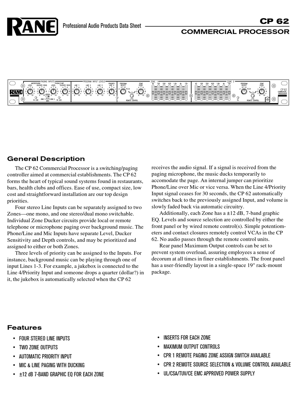 RANE CP 62 DATASHEET Pdf Download ManualsLib