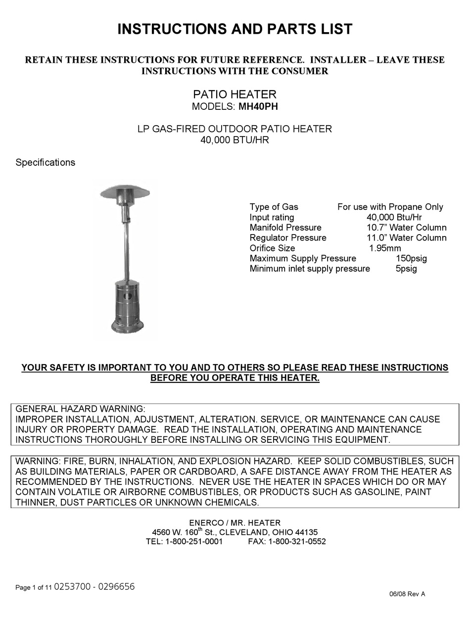 MR. HEATER MH40PH INSTRUCTIONS AND PARTS LIST Pdf Download ManualsLib