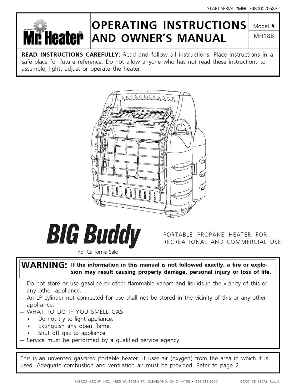 MR. HEATER BIG BUDDY MH18B OPERATING INSTRUCTIONS AND OWNER'S MANUAL