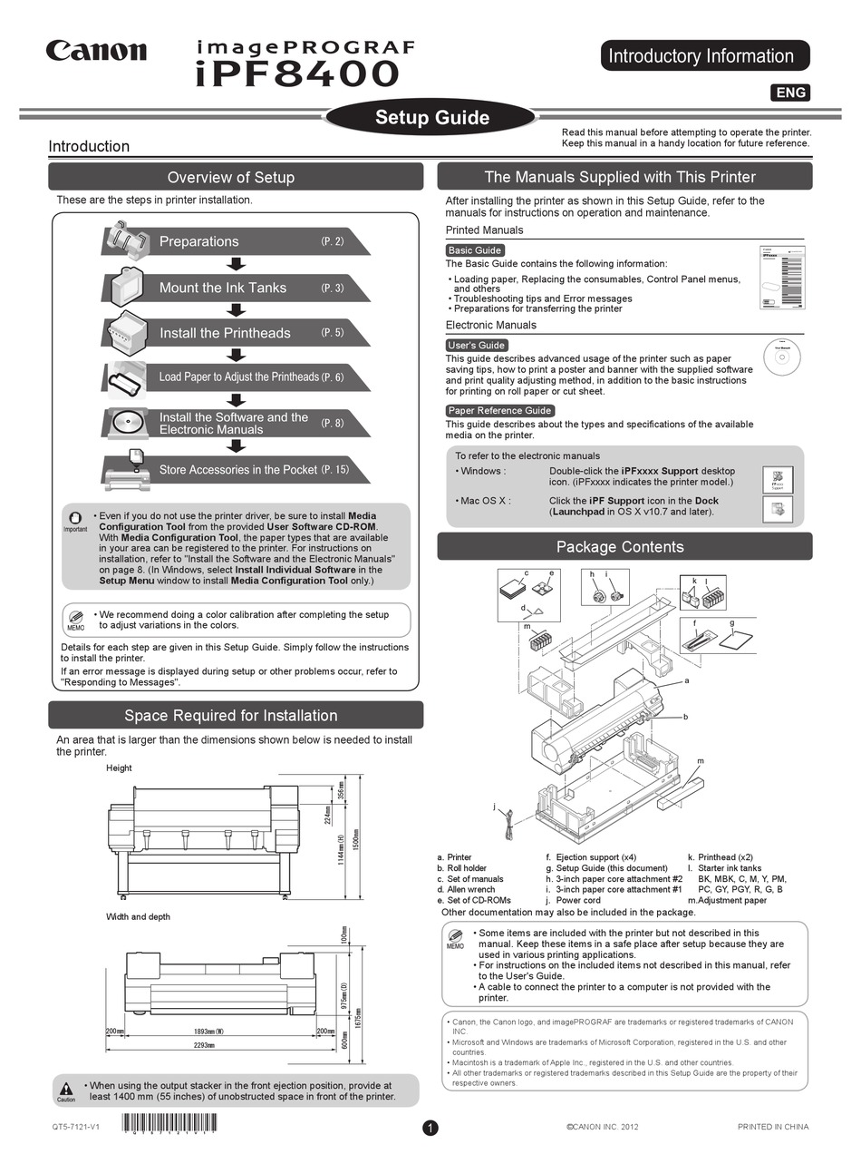 Canon Imageprograf Ipf8400 Setup Manual Pdf Download Manualslib