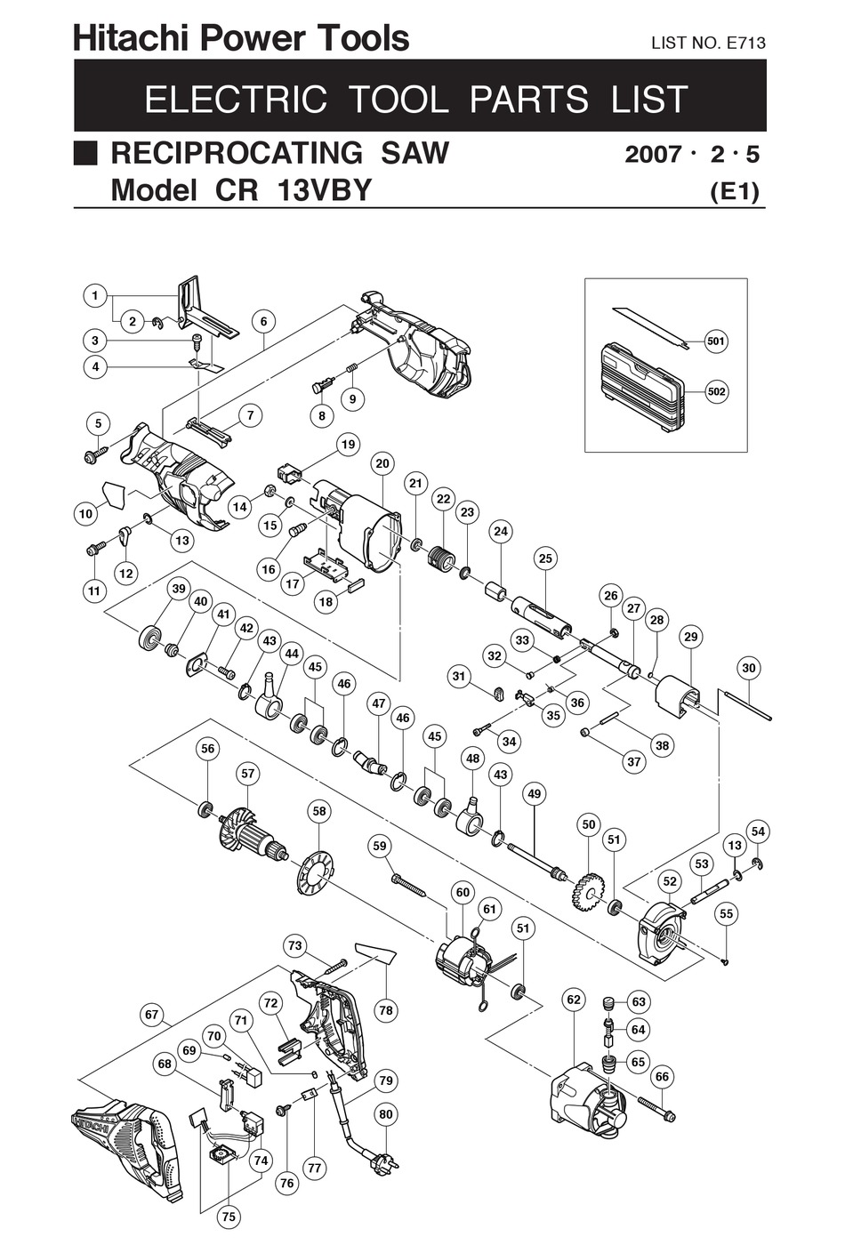 HITACHI CR13VBY 12 AMP TOOLESS LOW VIBRATION RECIPROCATING SAW PARTS