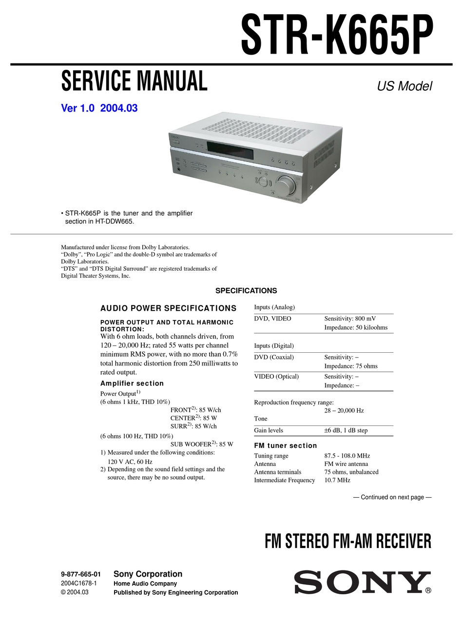 Sony Str K665p Receiver For Home Theater System Service Manual Pdf Download Manualslib