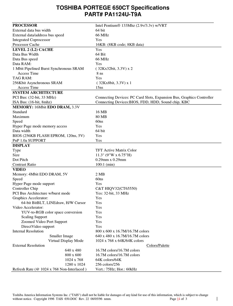 TOSHIBA PORTEGE 650CT SPECIFICATION SHEET Pdf Download | ManualsLib