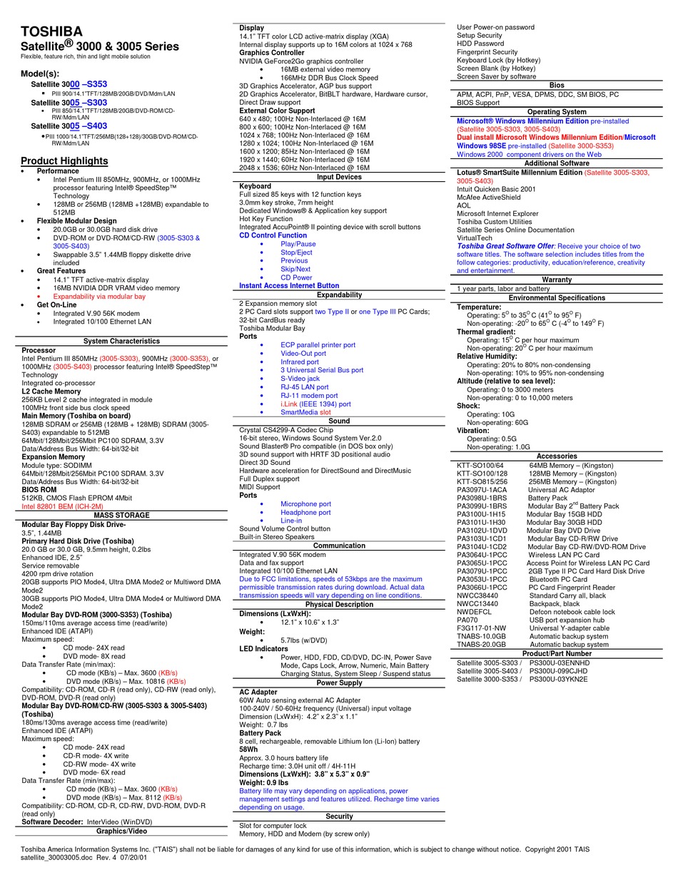 TOSHIBA SATELLITE 3000-S353 SPECIFICATIONS Pdf Download | ManualsLib