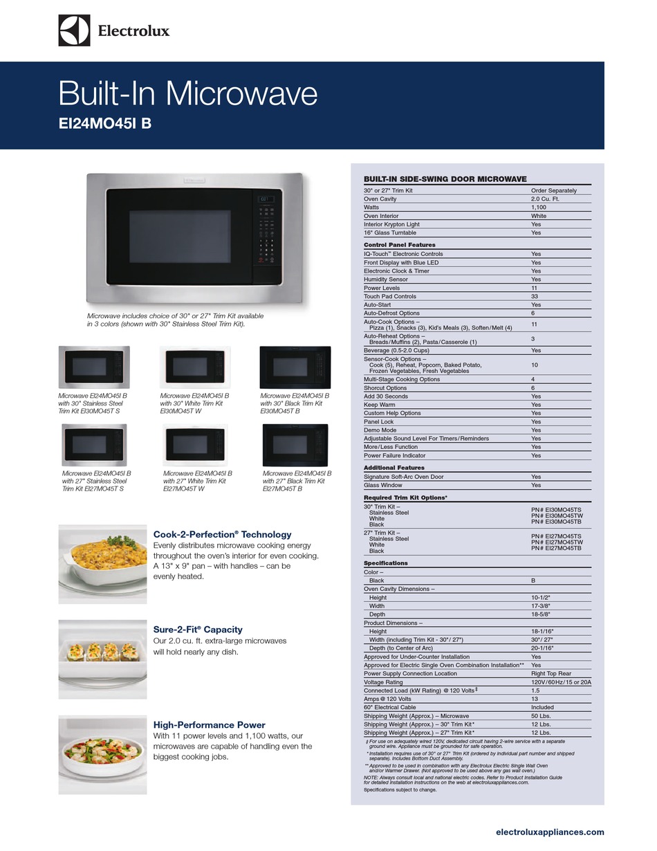 Electrolux Ei24mo45i B Specifications & Dimensions Pdf Download 